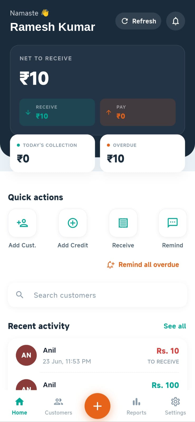 EazyUdhar dashboard showing dues and collections
