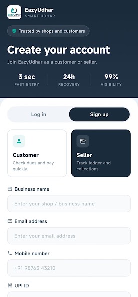 EazyUdhar sign-up screen